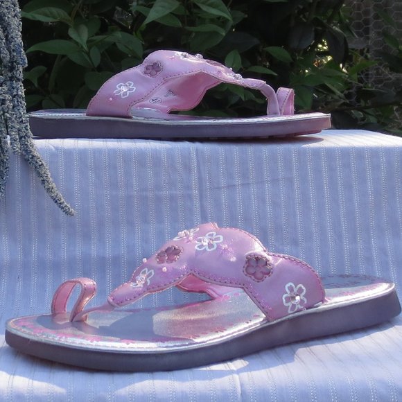 Disney Sandals Tinker Bell Pink Floral Light Up Toe Ring Thongs Girls Size 4.5 - Picture 3 of 9